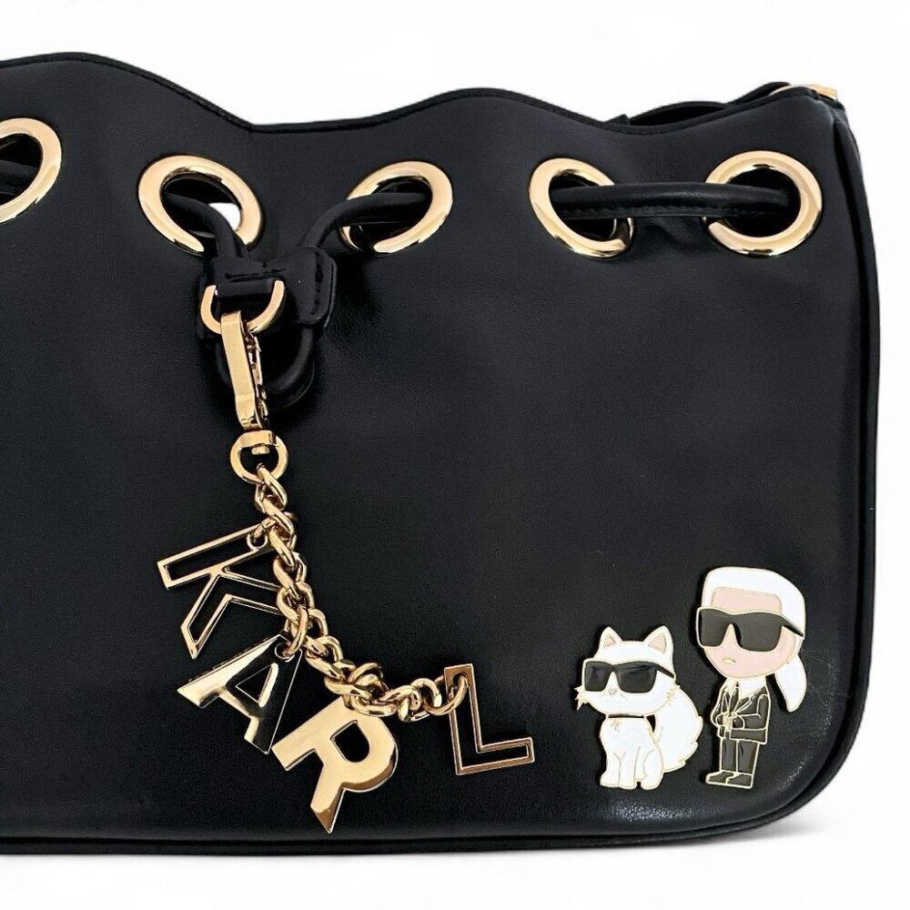 Karl Lagerfeld Black Leather Desiree Bag w/ Karl Purse Charm & Choupette Cat NWT - Picture 7 of 13